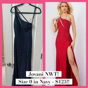 Jovani Sparkling One-Shoulder Gown in Navy! (red is just to show gown on) NWT